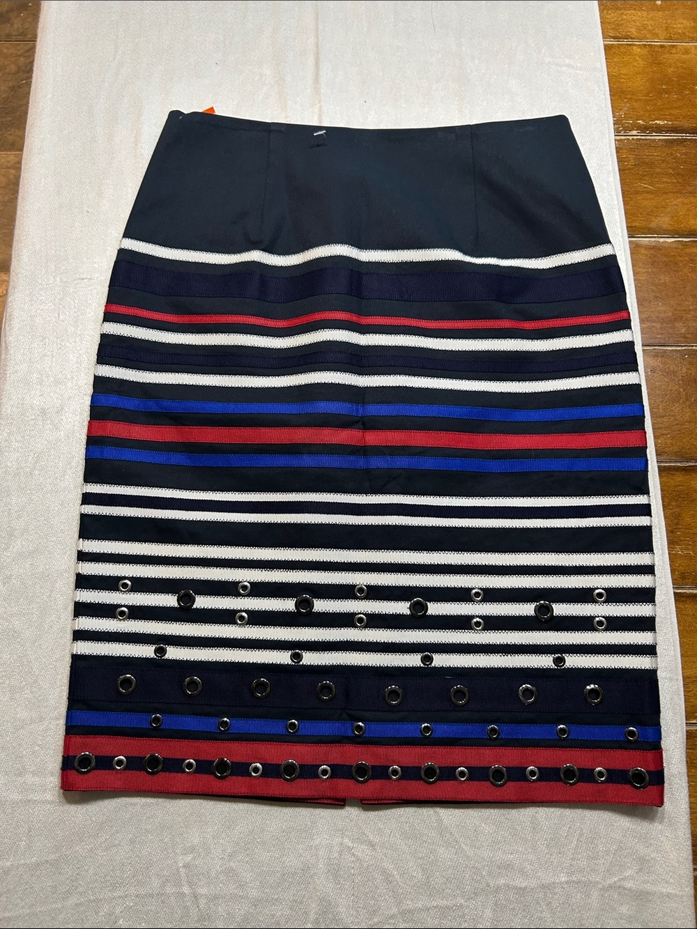 Worth New York Navy Striped Pencil Skirt with Red & Royal Accents-Grommets -XS